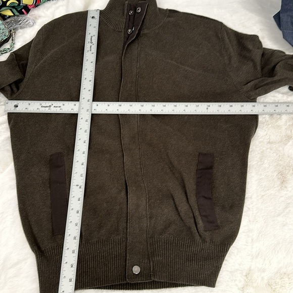 Viyella Men Cardigan Sweater cotton Mock Neck zip and button green brown trim - Picture 8 of 14